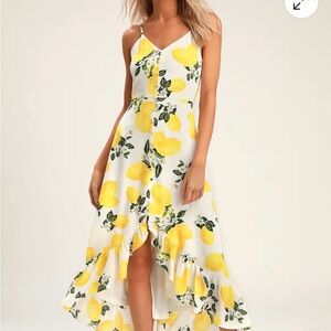 Lulus Yellow Lemon Print Spaghetti Strap Midi Dress S